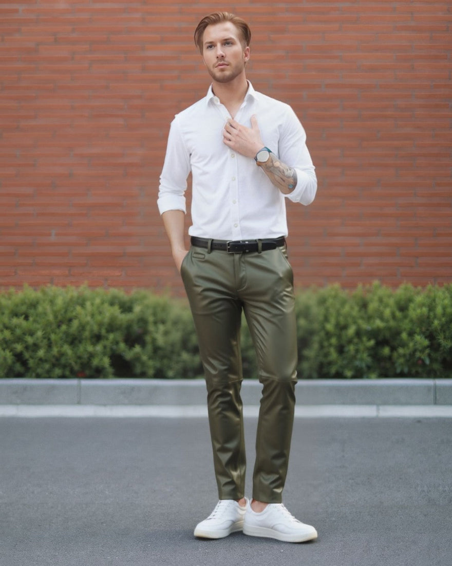 Man wearing a white shirt, Olive Green Leather Pants, and white shoes standing against a brick wall.