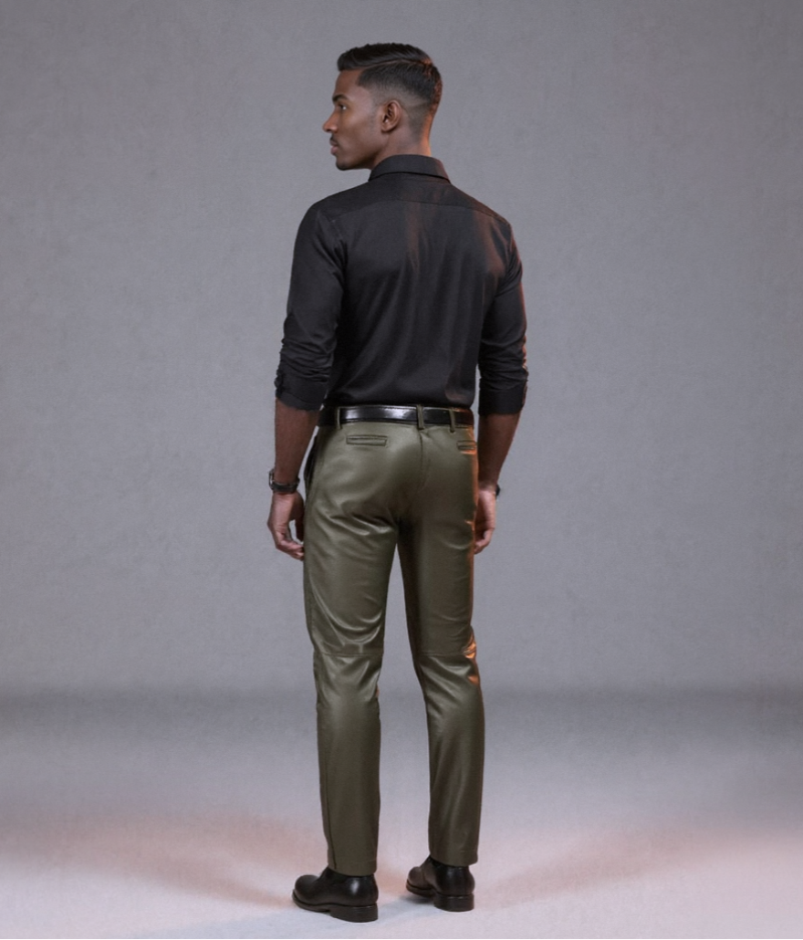 Man wearing a black shirt and Mens Olive Green Leather Pants against a gray background