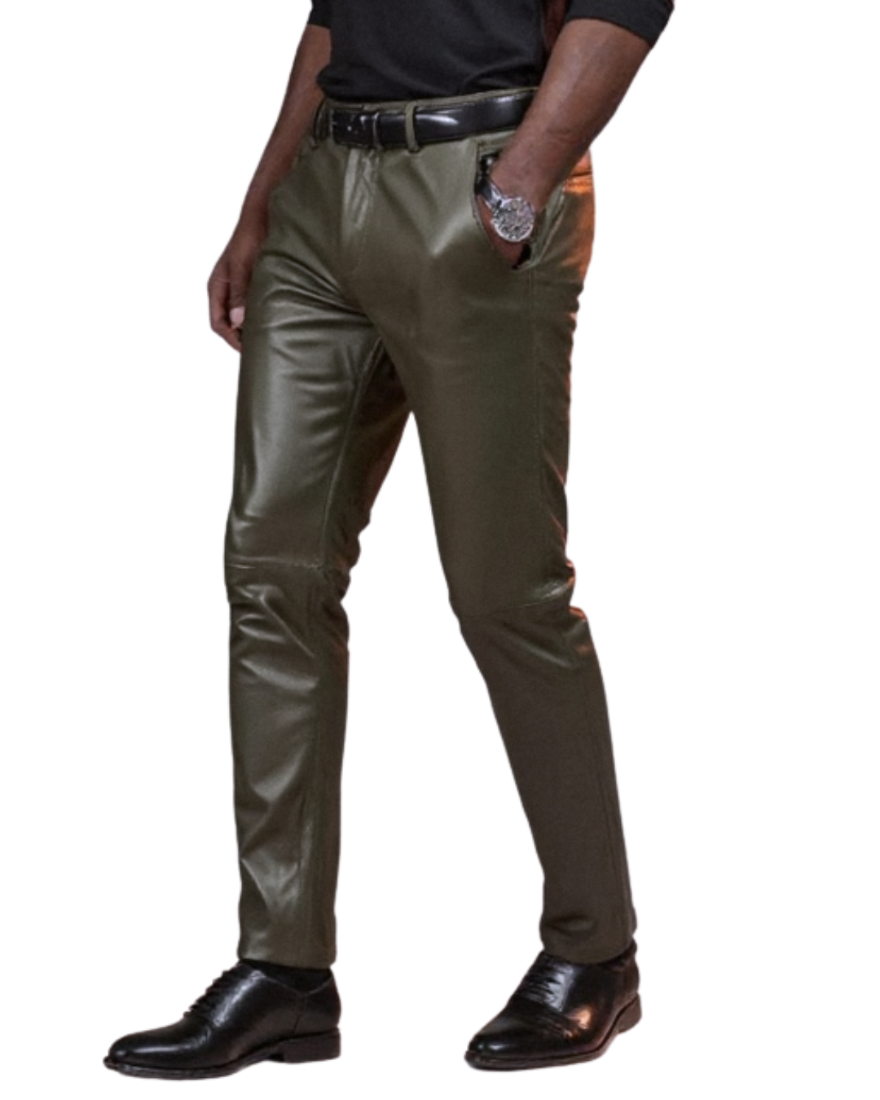 Person wearing olive green leather pants , side view on a white background