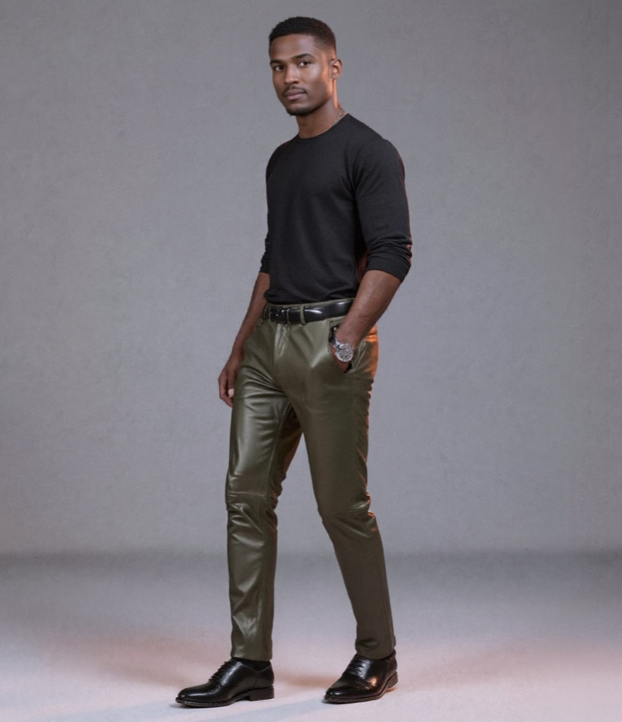 Man wearing a black long-sleeve shirt and olive green leather pants against a gray background
