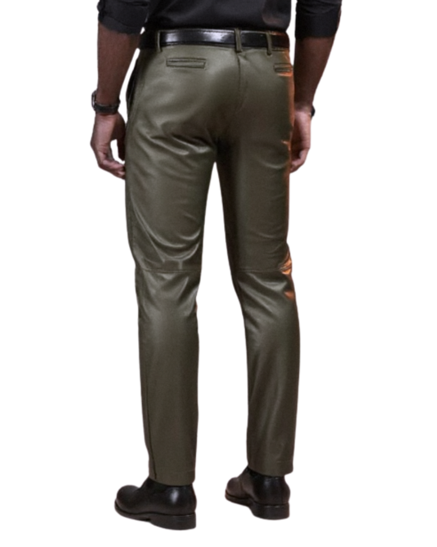 Person wearing olive green leather pants, side view,  on a white background