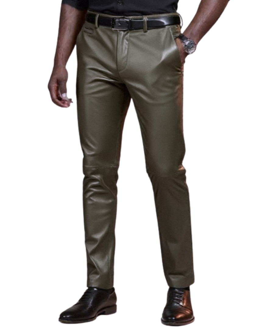 Person wearing olive green leather  pants, front view,  on a white background