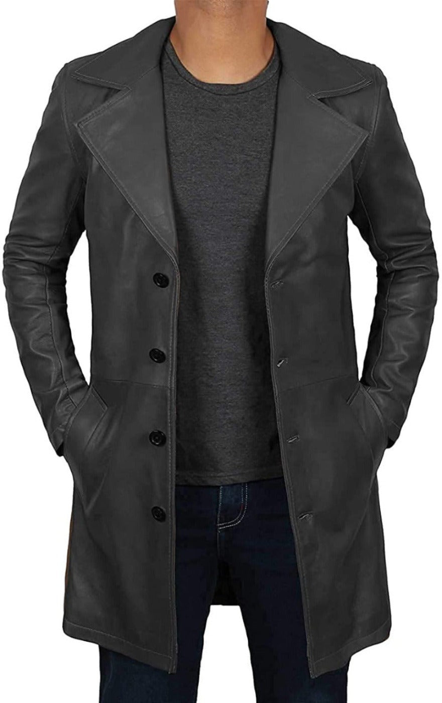 Picture of a model wearing our Long Black Leather Trench Coat Mens, front view