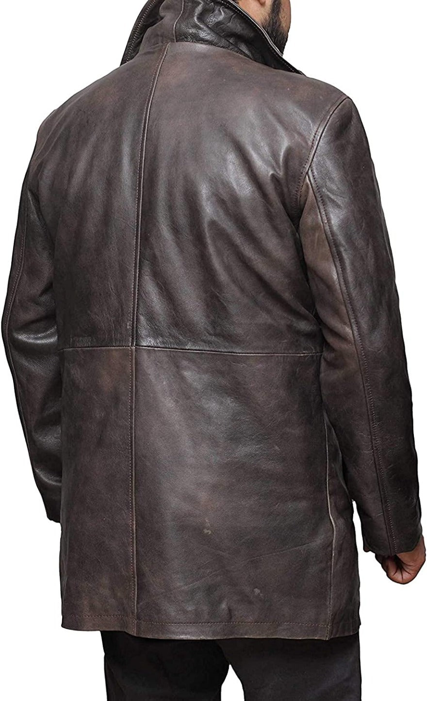 Picture of a model wearing our Mens Leather Trench Coat Dark Brown, back view.