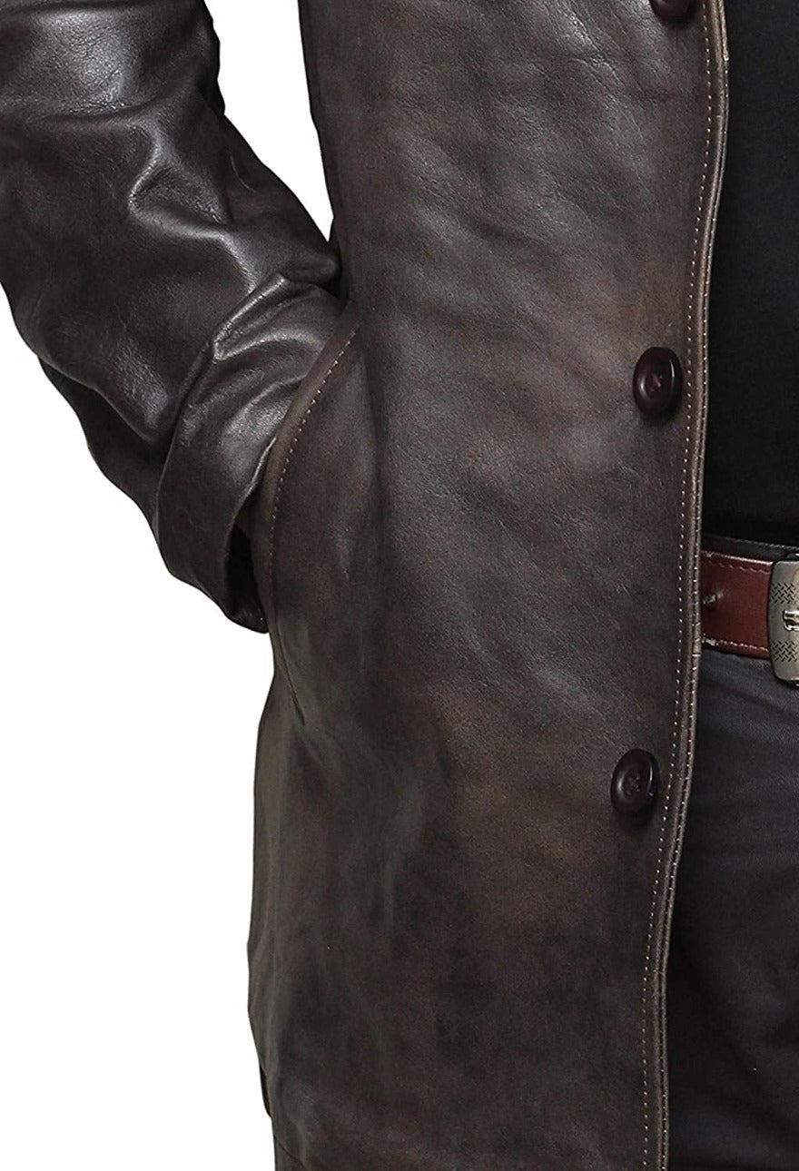 Close up view of our Mens Leather Trench Coat Dark Brown, showing pocket and buttons.