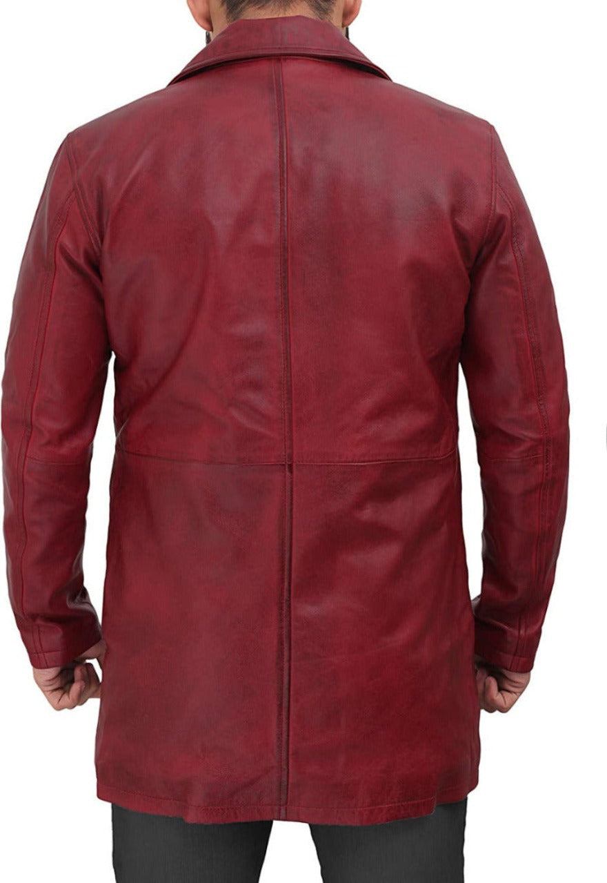 Picture of a model wearing our Mens Leather Trenchcoat Maroon, back view.