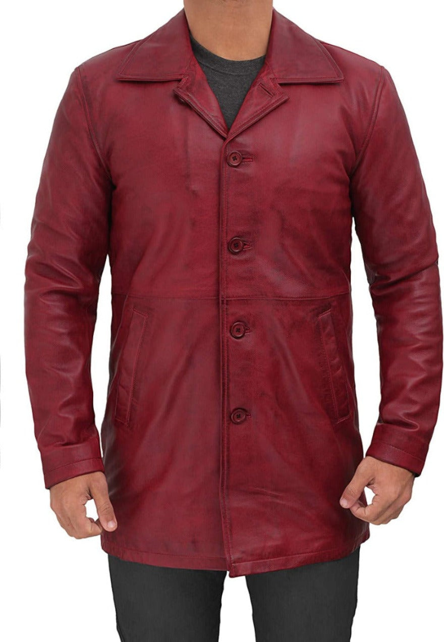Picture of a model wearing our Mens Leather Trenchcoat Maroon, front view, buttoned up
