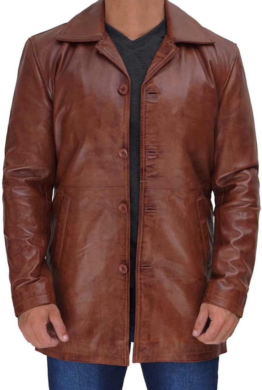 Picture of a model wearing our Mens Leather Trench Coat Brown, front view.