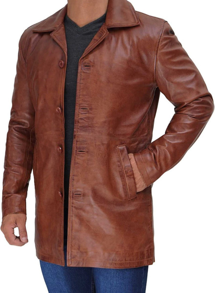 Picture of a model wearing our Mens Leather Trench Coat Brown, side  view