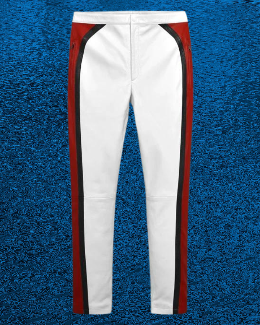 Picture of our Mens White Leather Pants, with red &amp; black panels on the outside of each leg, front view.