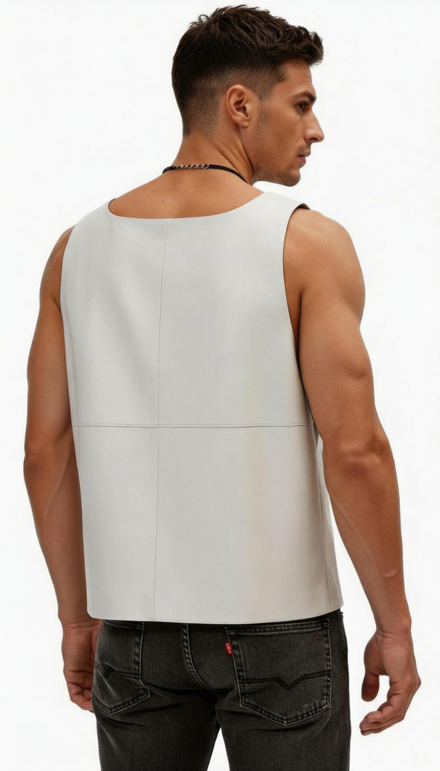 Picture of a model wearing our Mens White Leather tank top, back view.