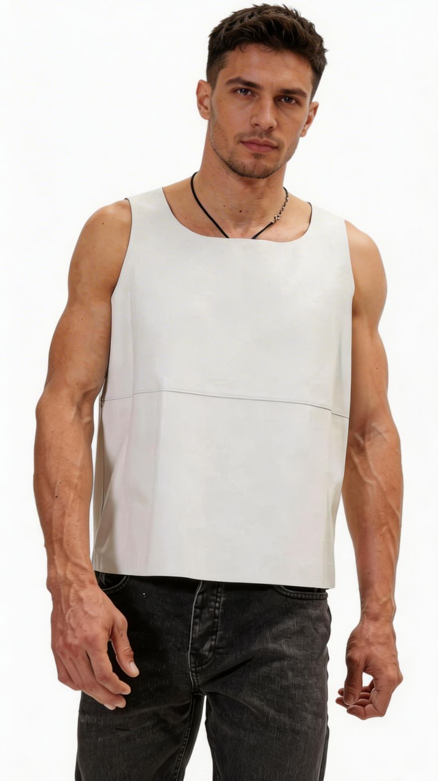 Picture of a model wearing our Mens White Leather tank top, front view.