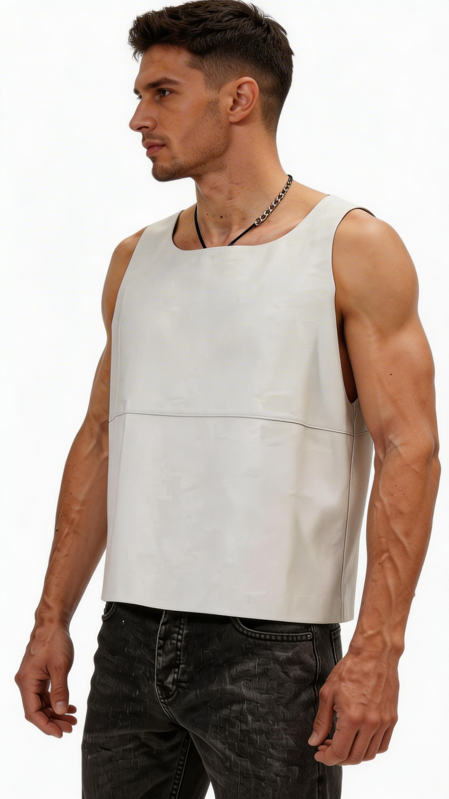 Picture of a model wearing our Mens White Leather tank top, side view.