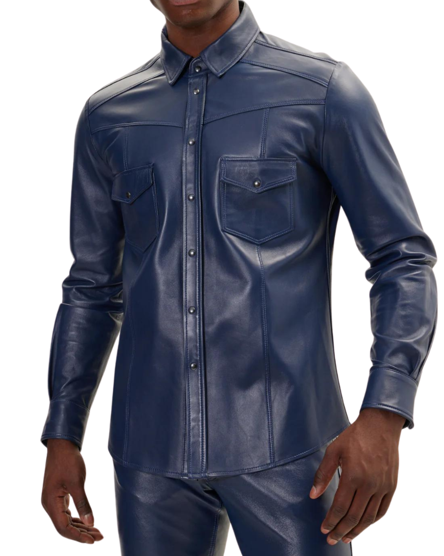 Picture of a model wearing our Mens Blue Leather Shirt, front view, buttoned up.