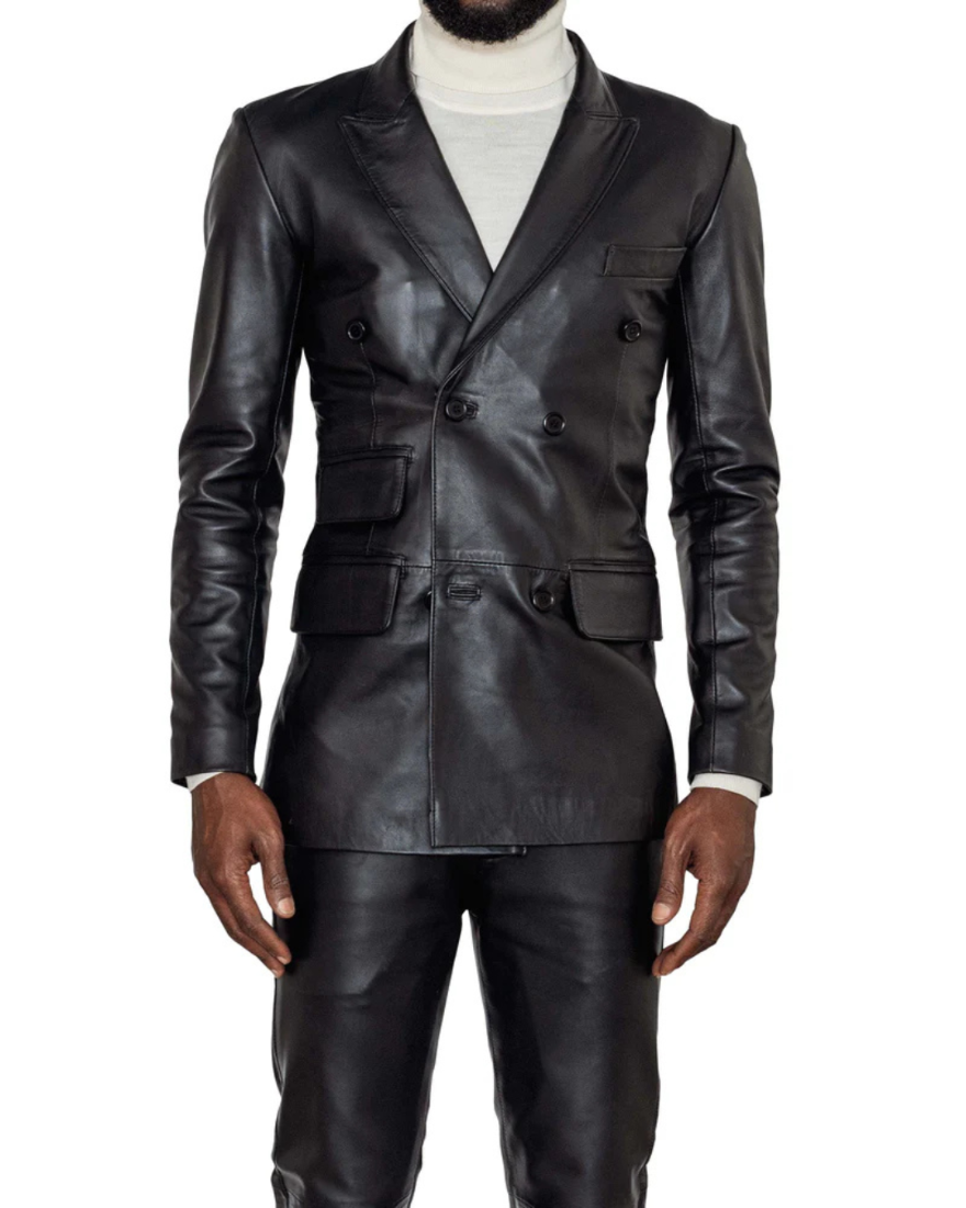 Picture of our Black leather double breasted suit on a model, front view with jacket buttoned. 