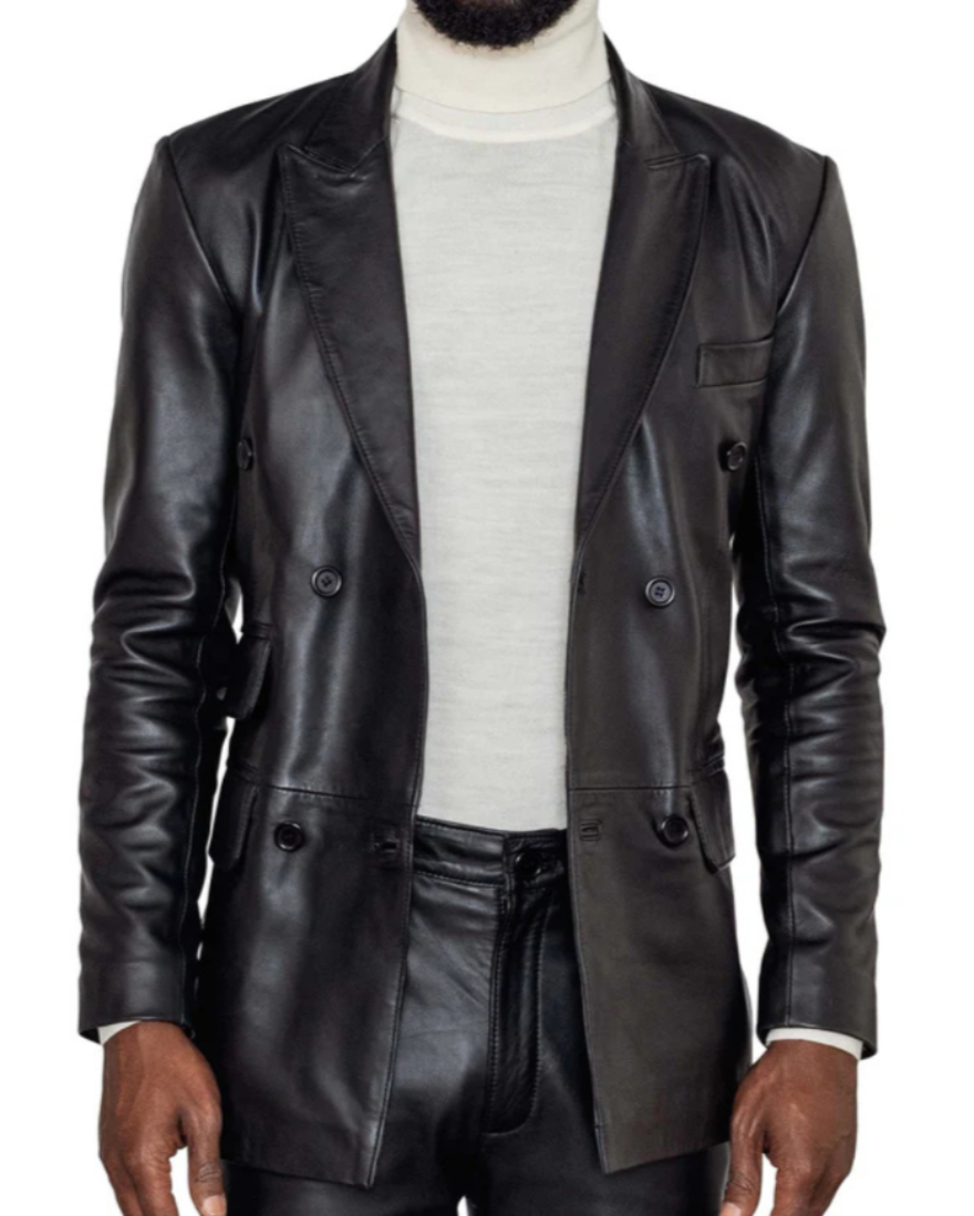 Picture of our Mens Double Breasted Leather Blazer. on a model, front view with jacket unbuttoned. 