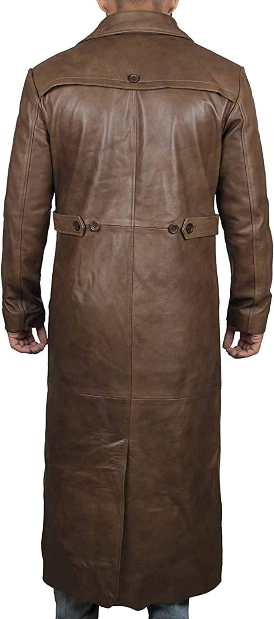 Picture of a model wearing our Mens Brown Leather Trench Coat Full Length, back view.