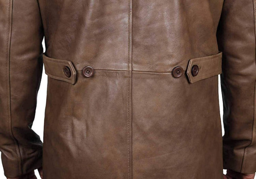 Picture of a model wearing our Mens Brown Leather Trench Coat Full Length,  close up of the back belt.