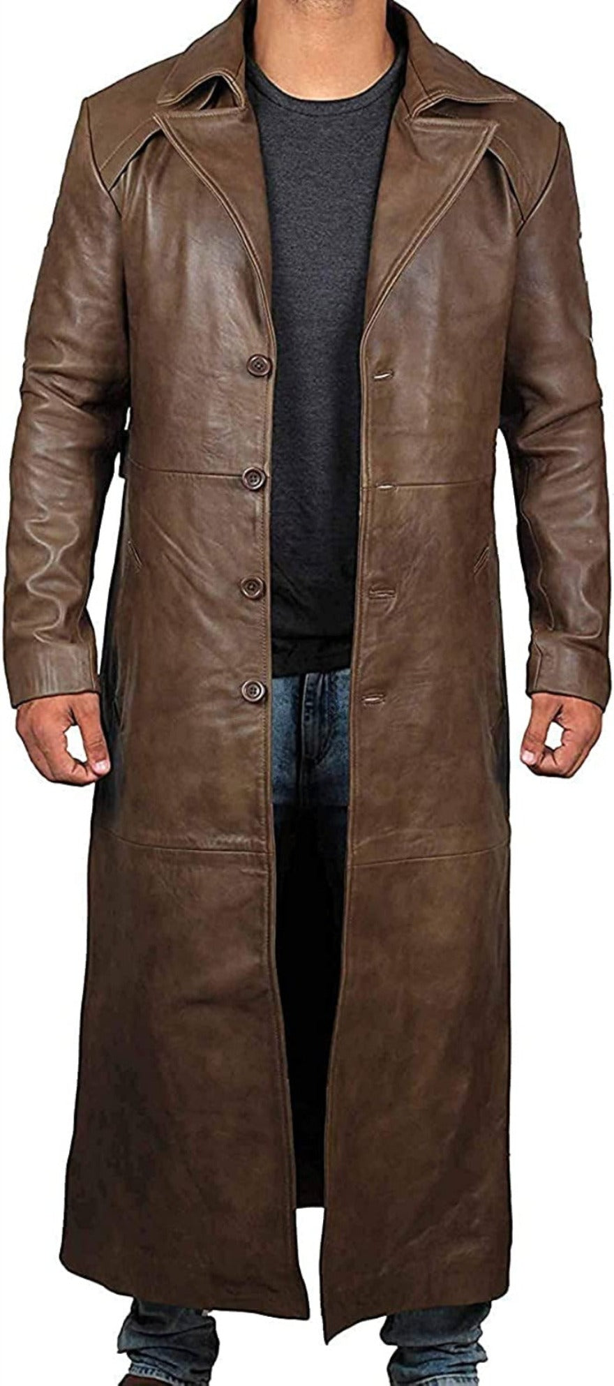 Picture of a model wearing our Mens Brown Leather Trench Coat Full Length, front view unbuttoned.