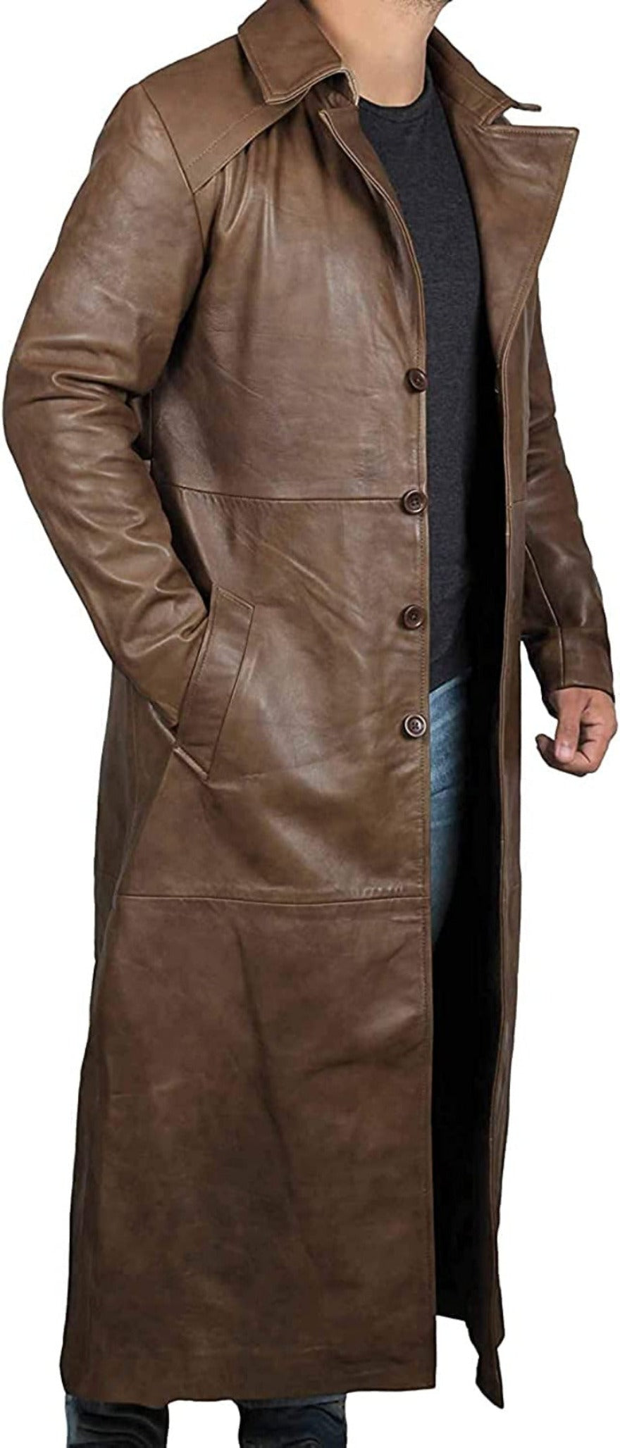 Picture of a model wearing our Mens Brown Leather Trench Coat Full Length, side view unbuttoned.