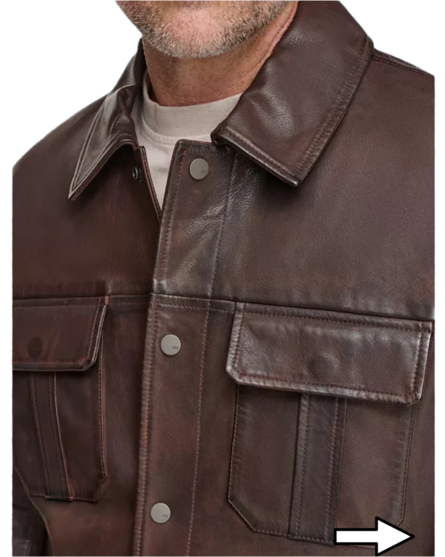 Picture of a model wearing our  Brown Leather  shirt jacket, close up view of front.