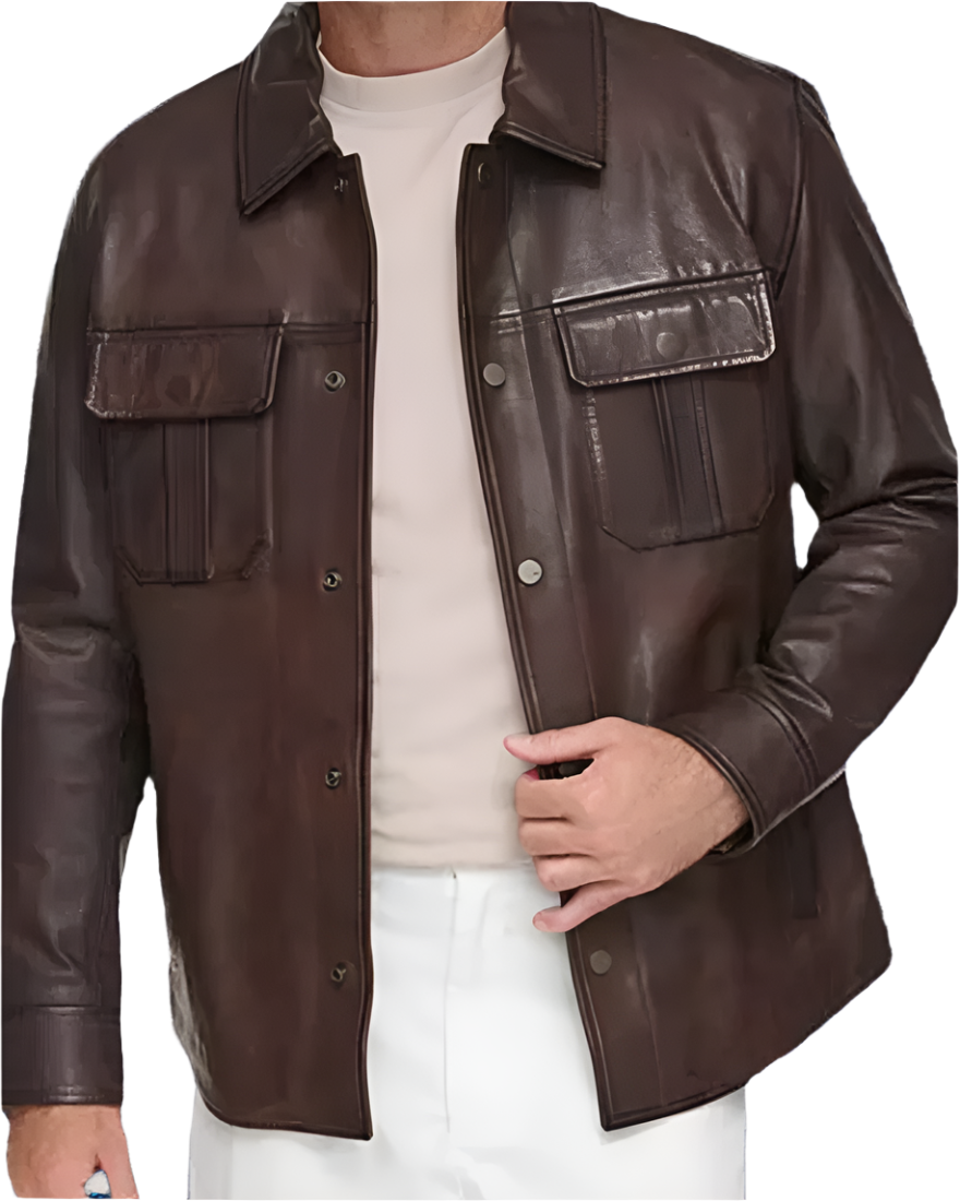 Picture of a model wearing our  Brown Leather shirt, front view.