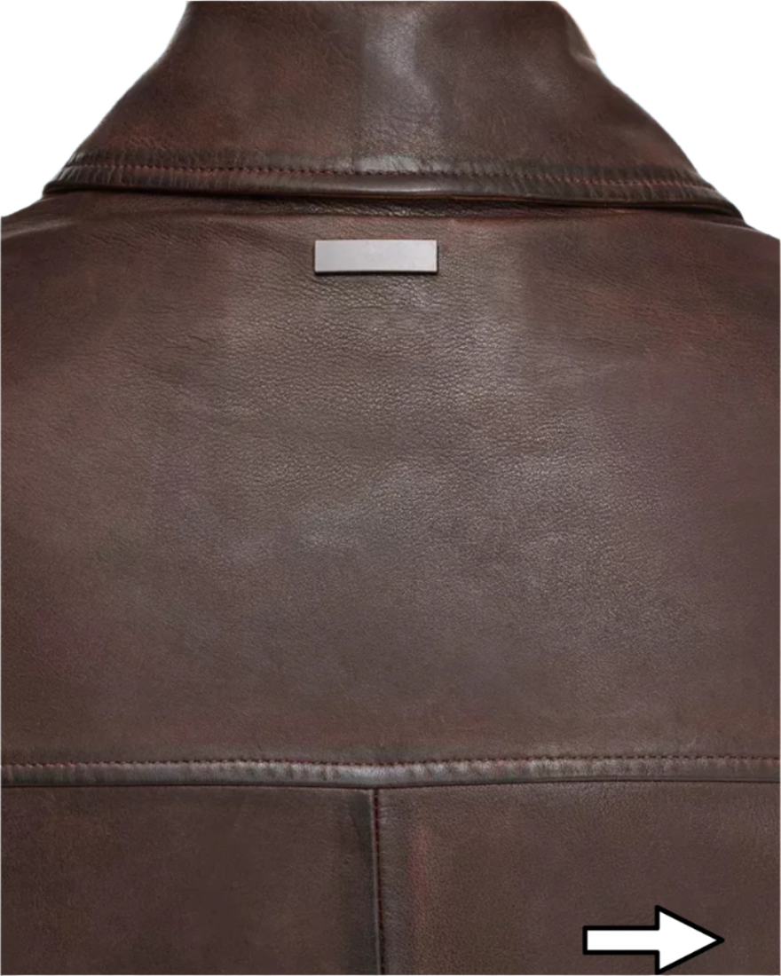 Picture of a model wearing our  Brown Leather  shirt jacket, close up view of back. 