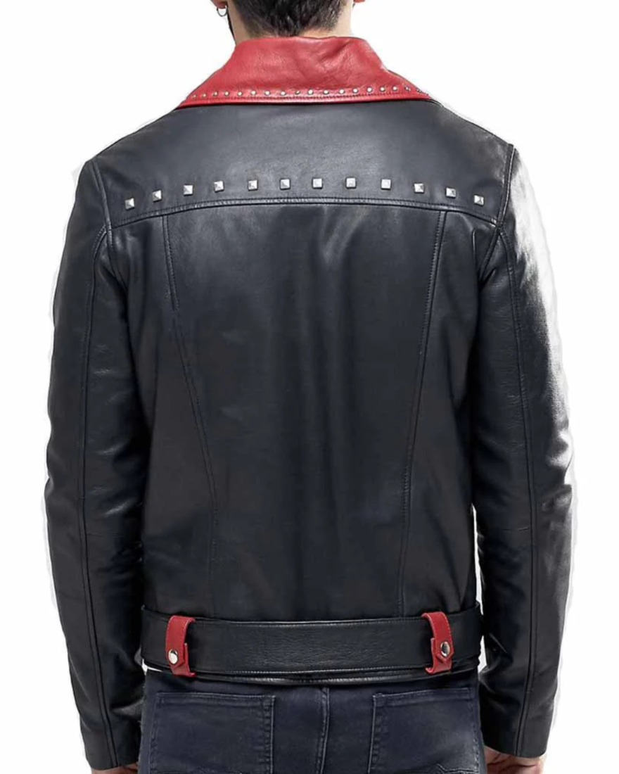 Picture of our black Leather Moto Jacket on a model, back view.