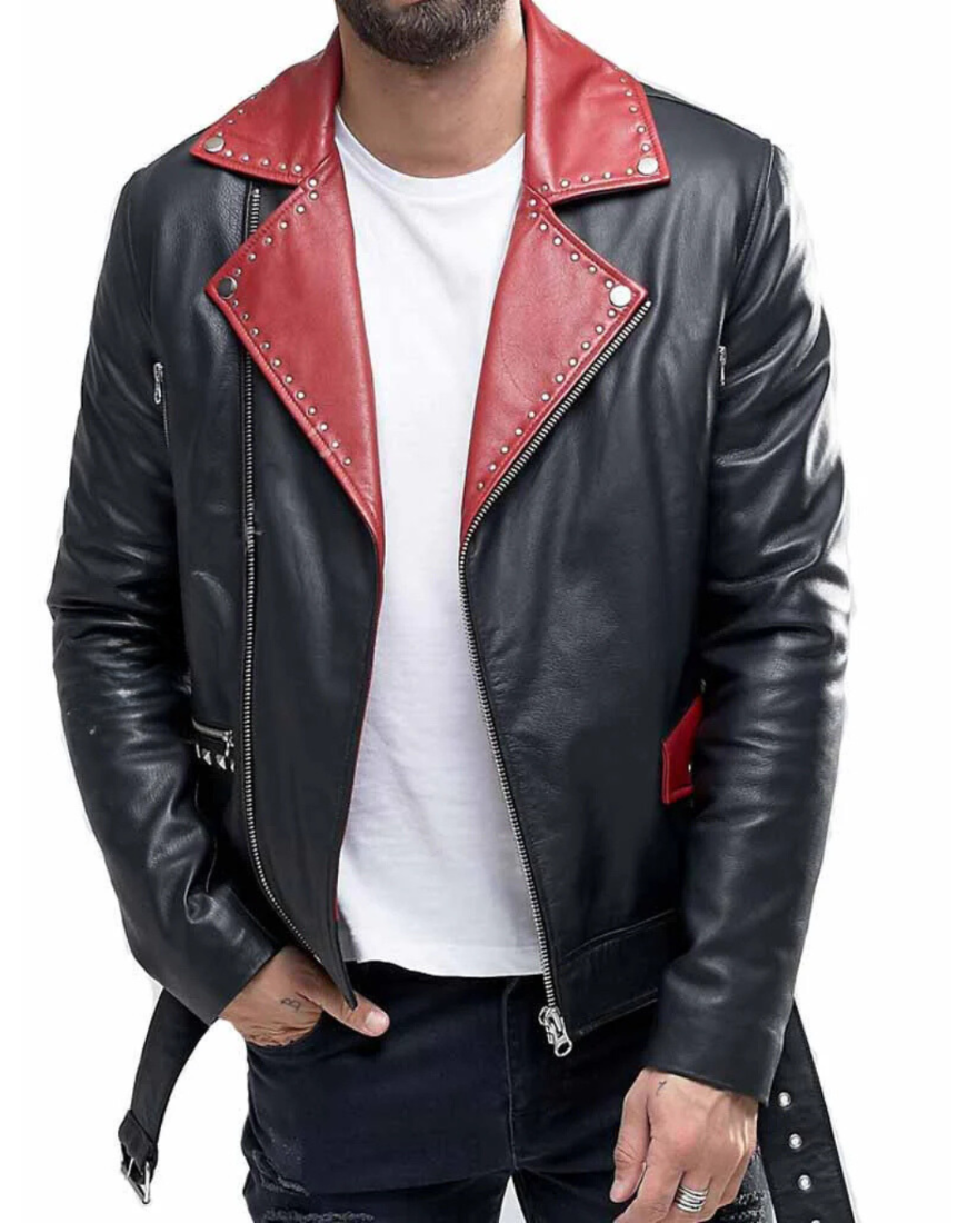 Picture of our black Leather Moto Jacket on a model, front view.