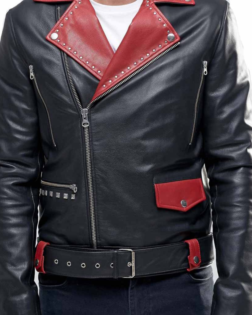 Picture of our black Leather Moto Jacket on a model, close up view of the front.