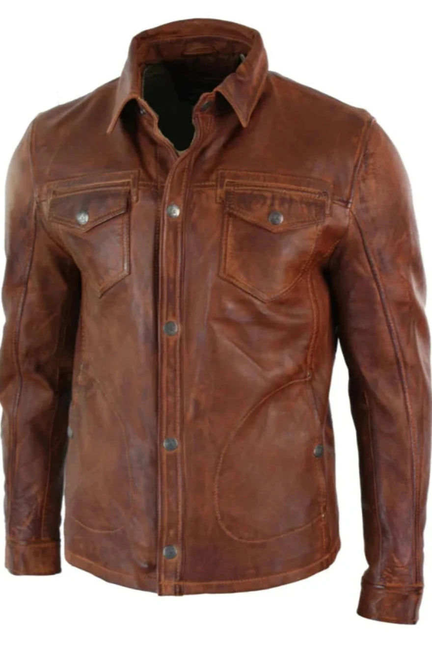 Picture of our Leather Shirt Jacket Brown, side view