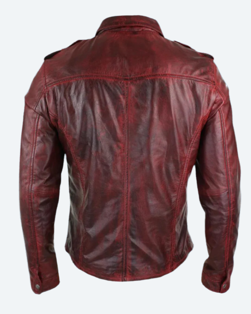 Picture of our leather shirt for men, maroon washed color, back view.