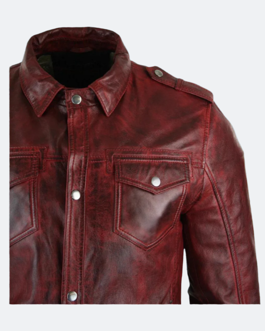 Picture of our leather shirt for men, maroon washed color, close up view.