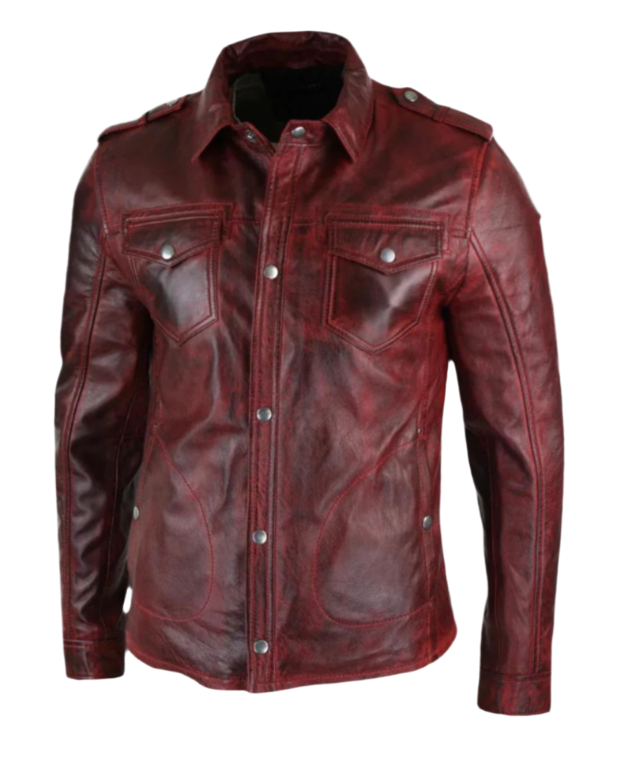 Picture of our leather shirt for men, maroon washed color, front view.