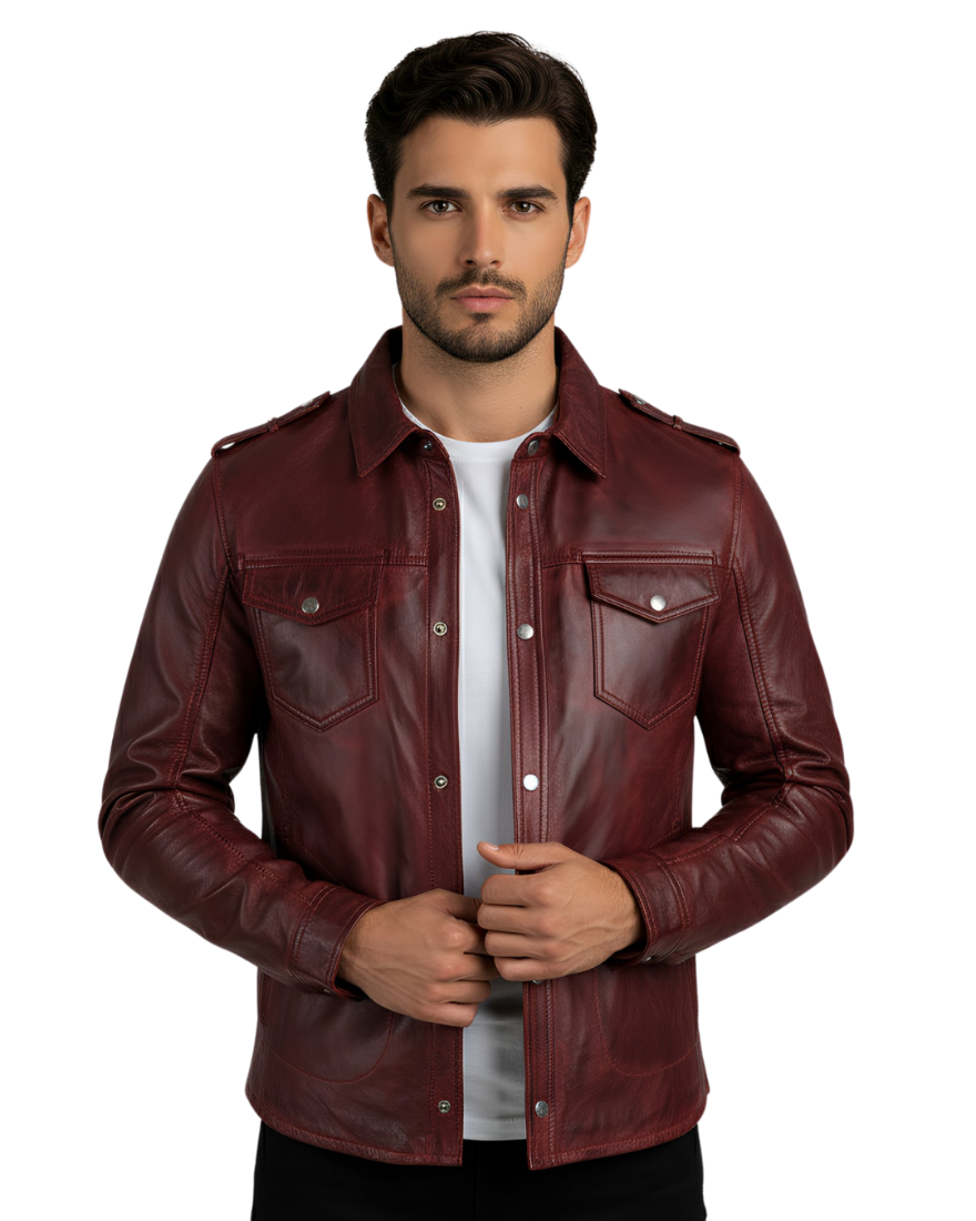 Leather Shirt Jacket for Men | Maroon  worn by a model on a white background, Front view.
