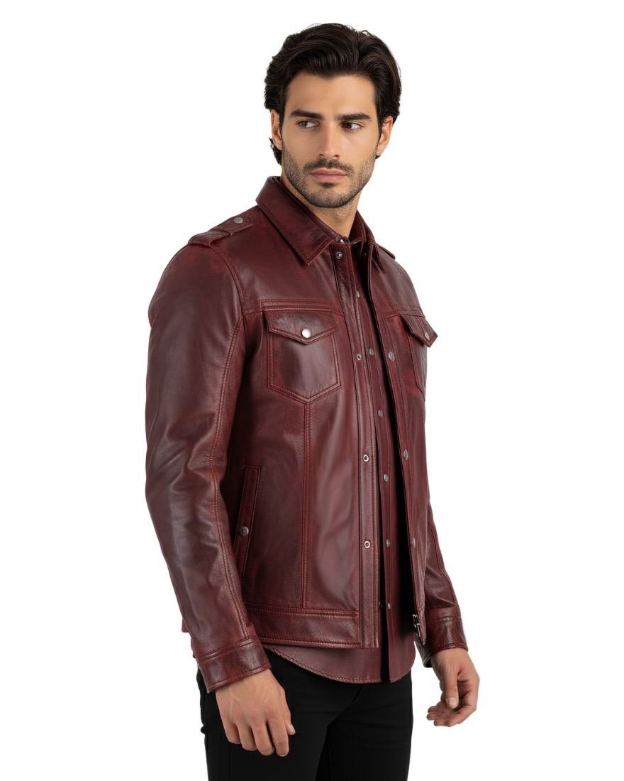 Leather Shirt Jacket for Men | Maroon  worn by a model on a white background, side view.