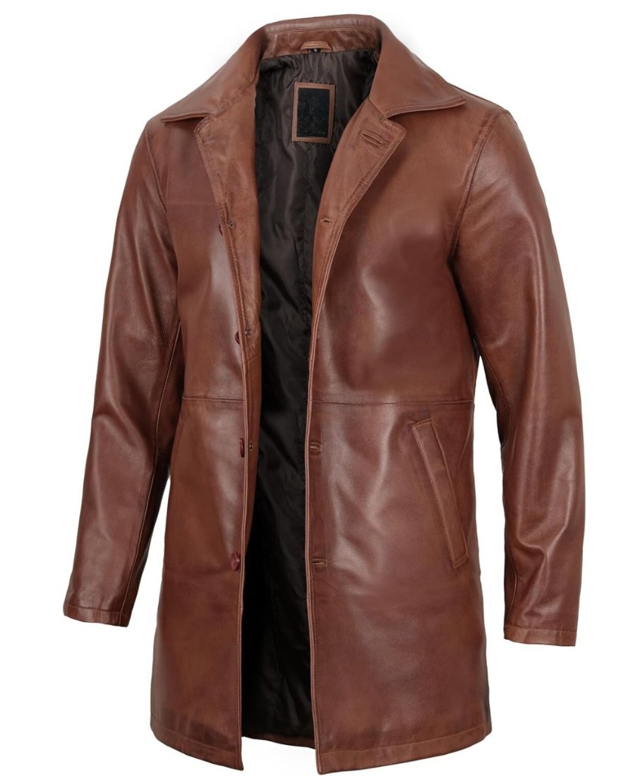 Picture of our Leather Trench Coat  Brown on a mannequin, front view, not buttoned.