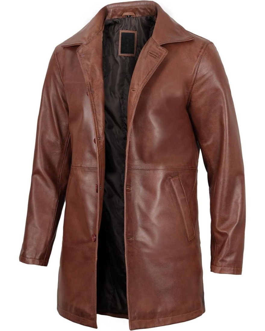 Picture of our Brown Leather Trench Coat  on a mannequin, side view.