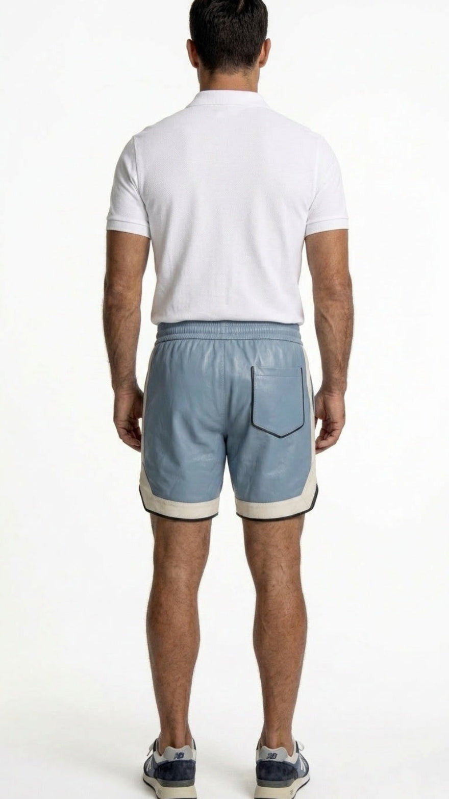 Man wearing a white polo shirt and  our light blue leather shorts on a white background, Back view.
