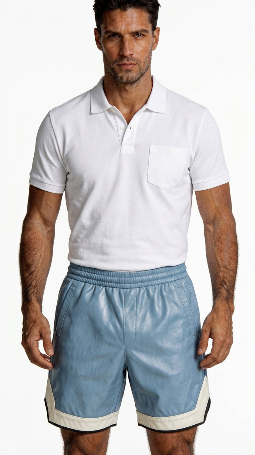 Man wearing a white polo shirt and  our light blue leather shorts on a white background, Front view.