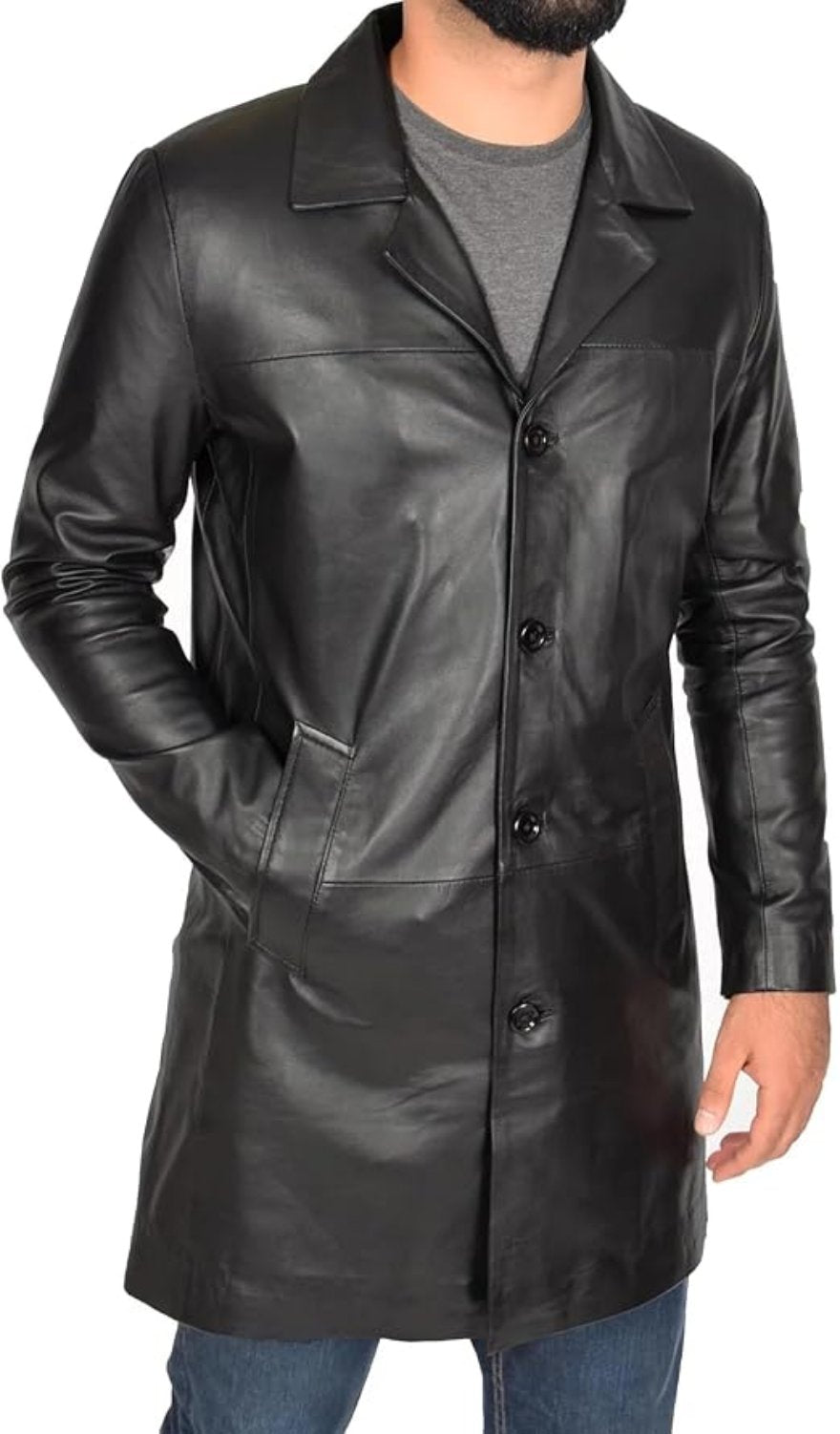 Picture of a model wearing our Black Leather trench Coat, Side view