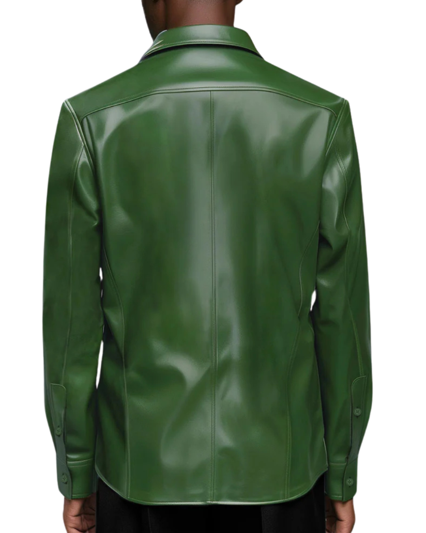 Picture of a model wearing our Long Sleeve Mens Green Leather Shirt, back view.