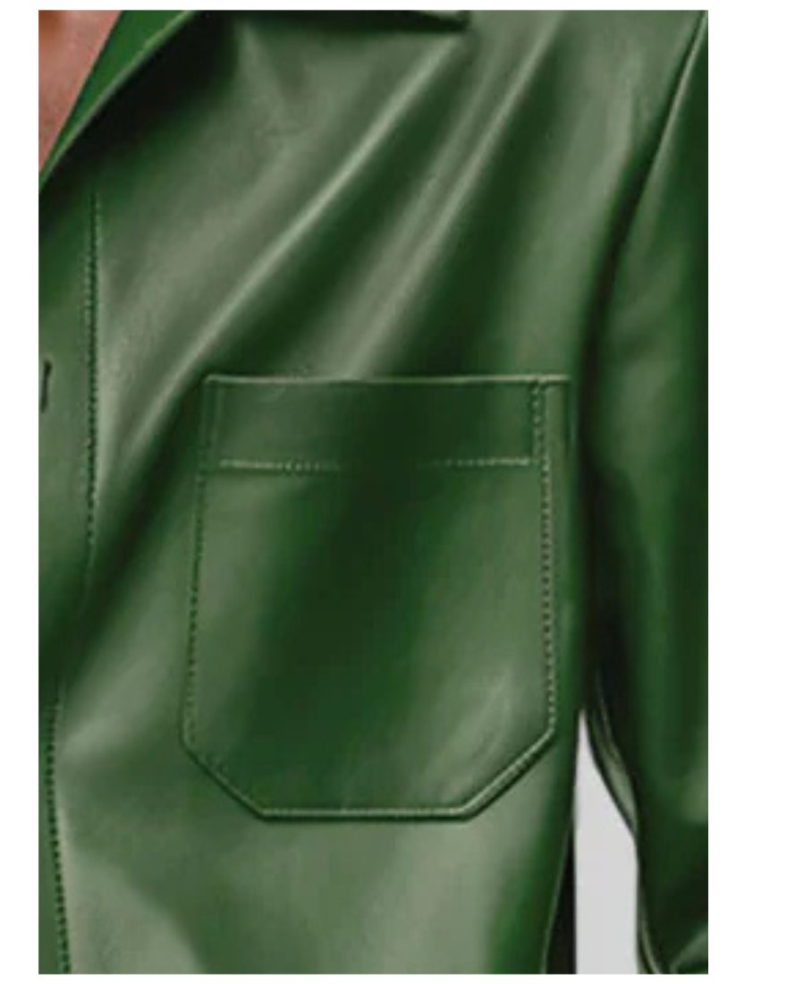 Close up picture of the pocket on our Long Sleeve Mens Green Leather Shirt. 