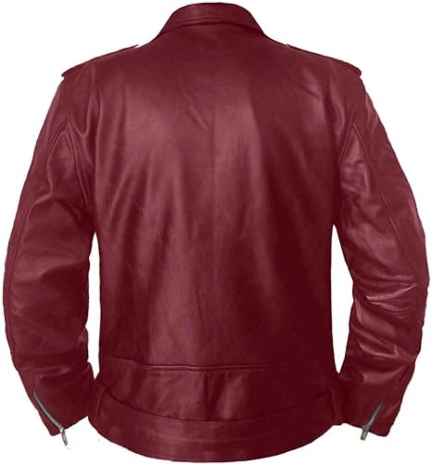 Picture of our Maroon Moto Jacket on a mannequin, Back view,