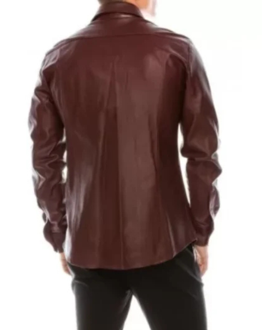 Picture of a model wearing our Maroon Leather Shirt, back view