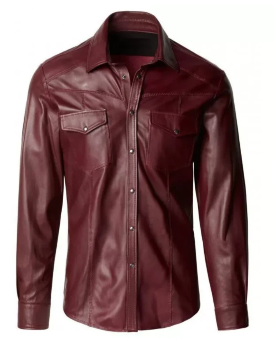 Picture of our Maroon Leather Shirt on a mannequin, side view