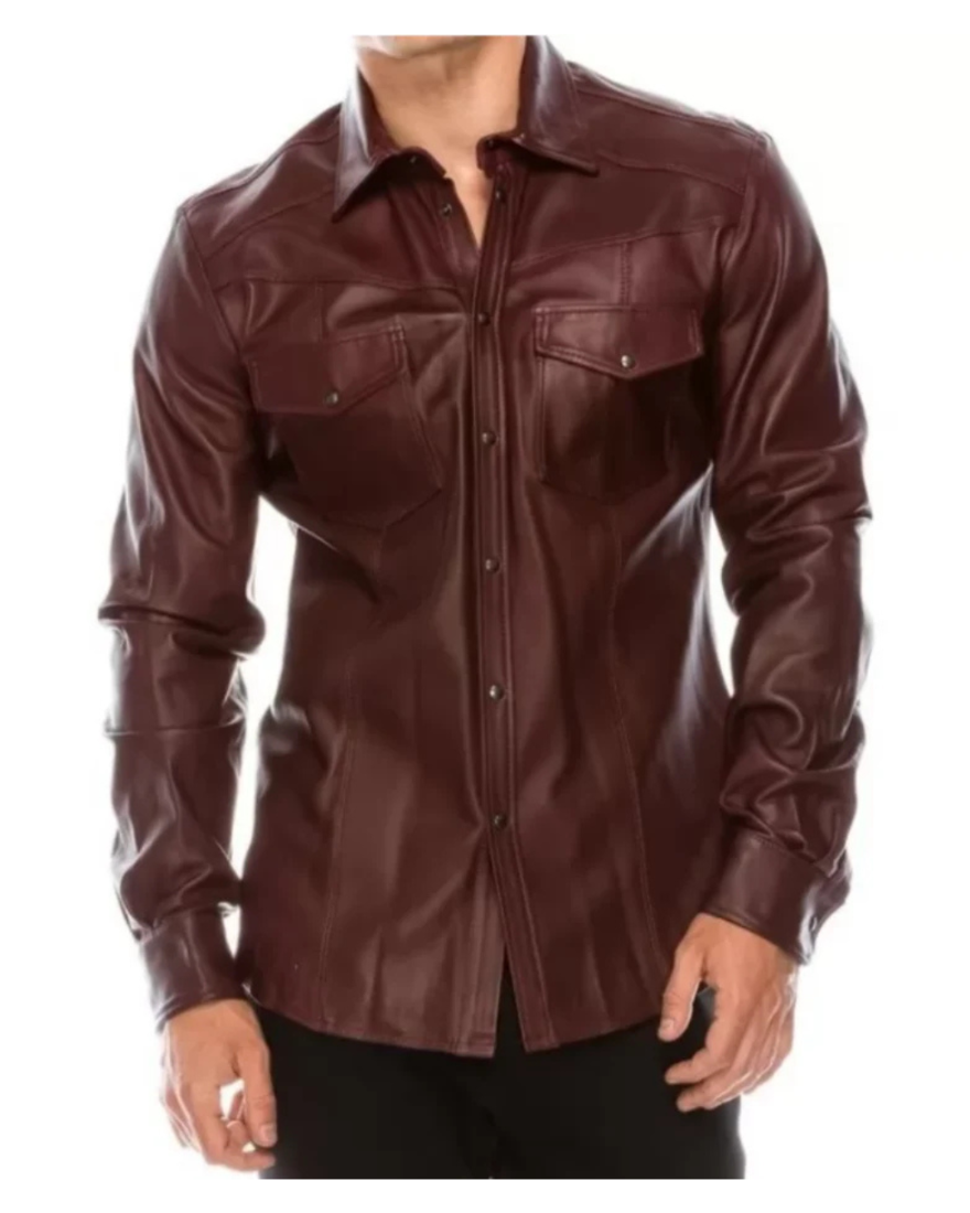 Picture of a model wearing our Maroon Leather Shirt, front view