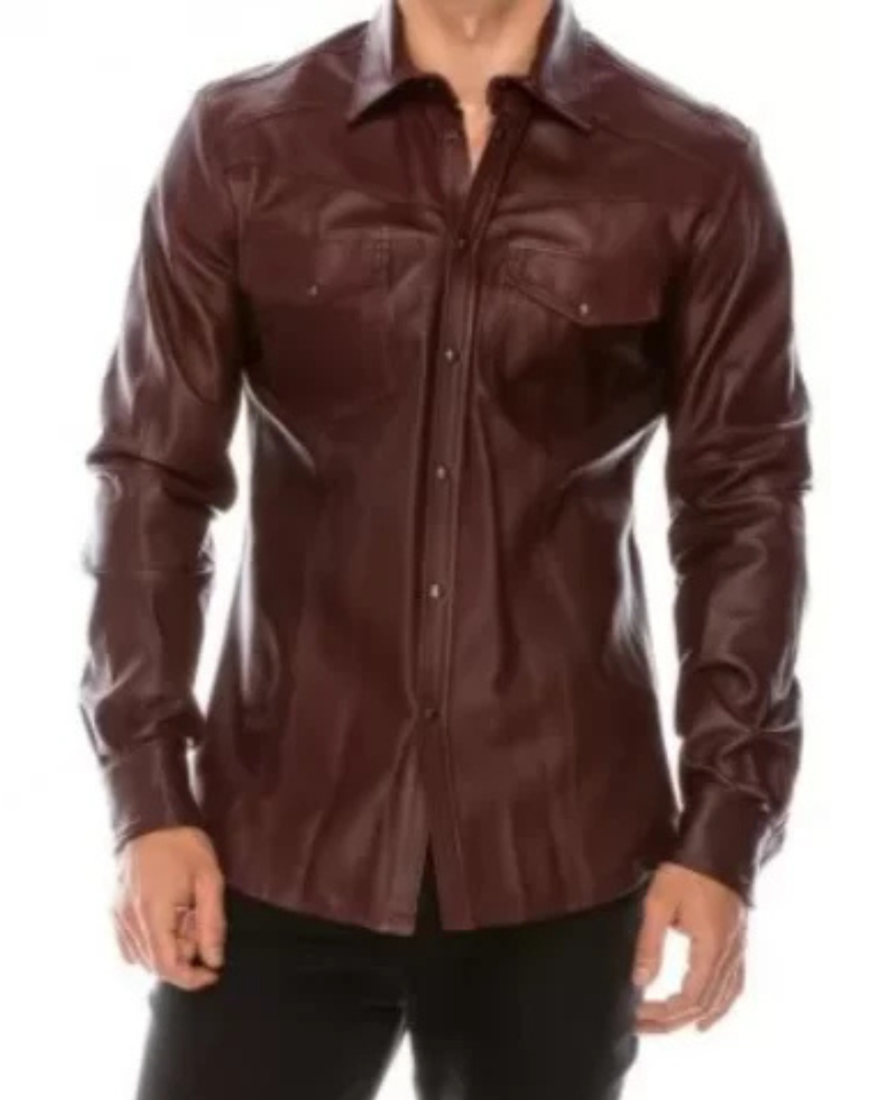 Picture of a model wearing our Maroon Leather Shirt, front -  view