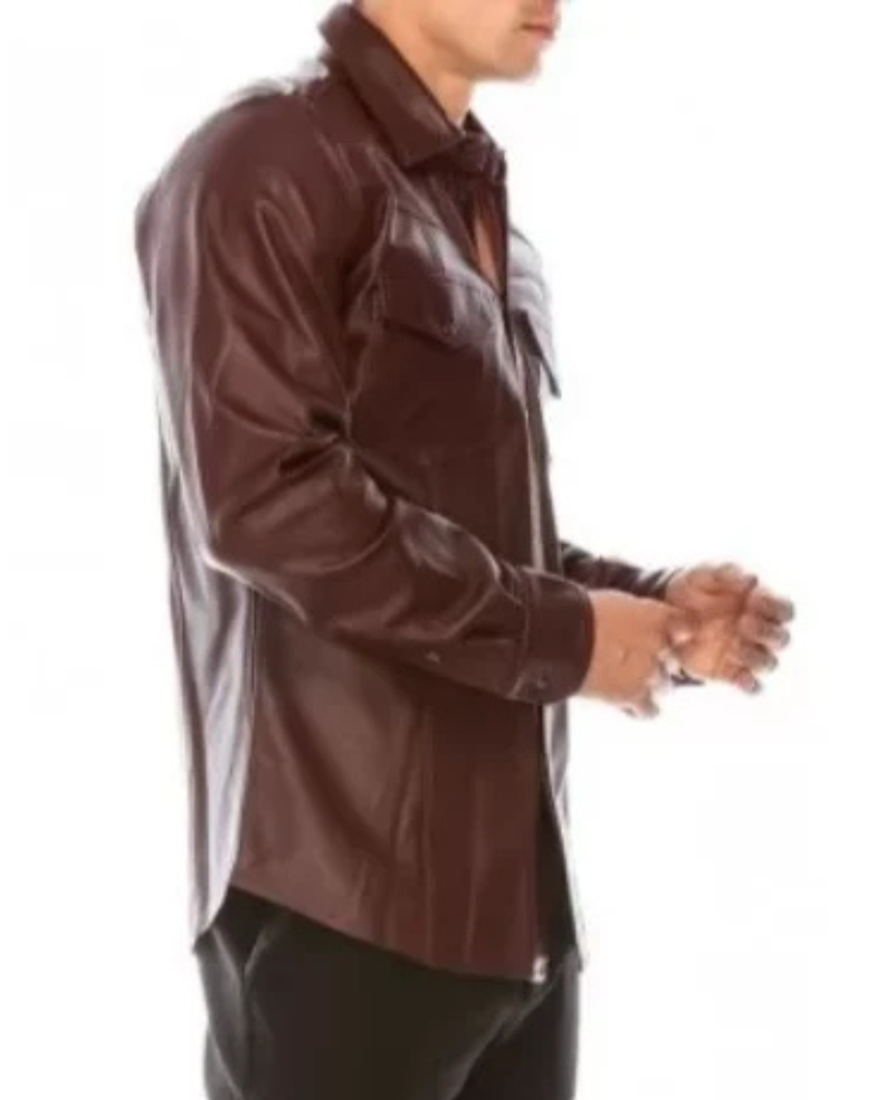 Picture of a model wearing our Maroon Leather Shirt, side view