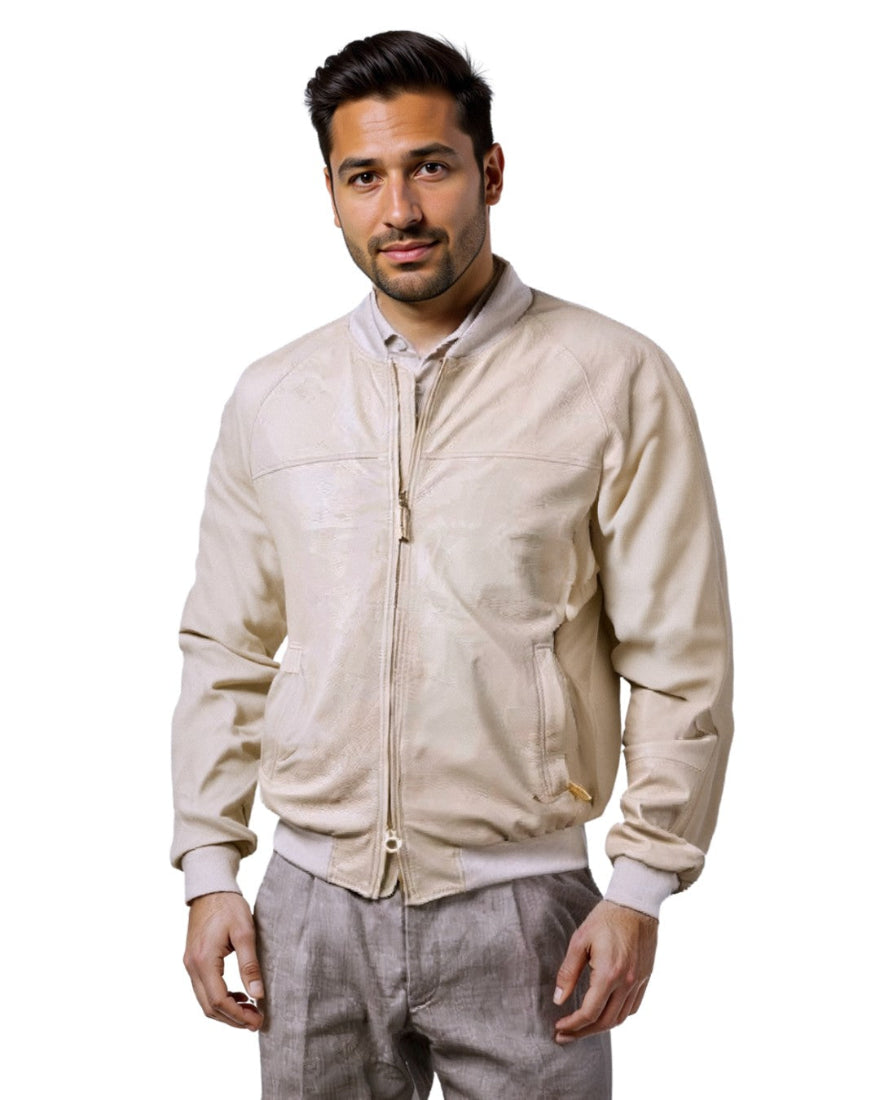 Picture of a man wearing our Men's Beige Leather Jacket, front view.